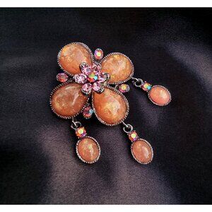 Rare Find Vintage SNK Signed Melon Opal Cabochon Rhinestones Brooch